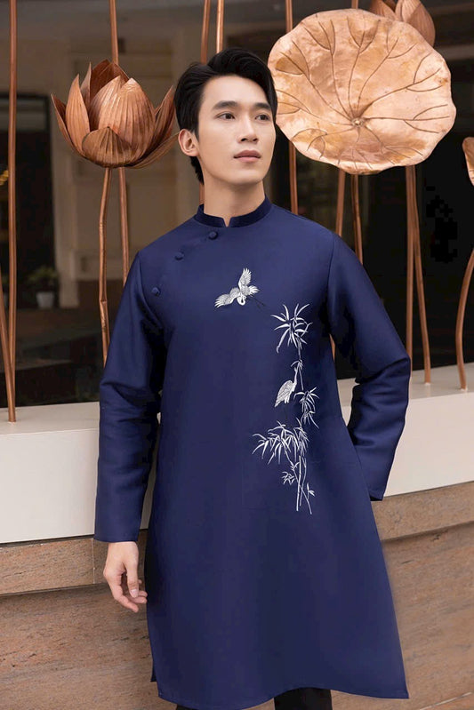 B90 - Áo dài nam Nam trúc màu xanh than