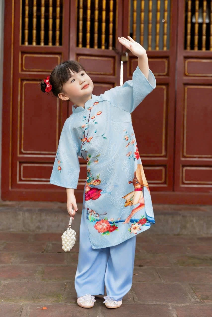 BG160 Áo + quần - Áo dài bé gái gấm nổi in hoạ tiết