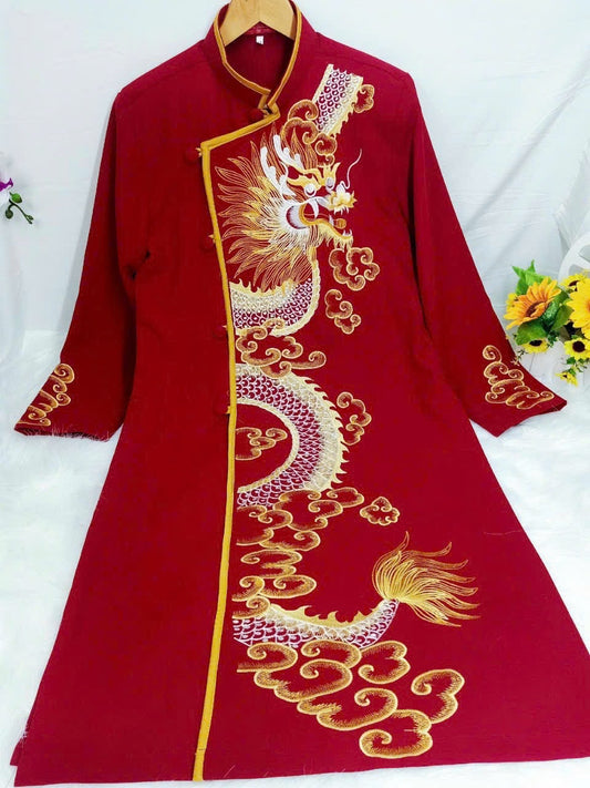 B41 - Áo dài nam vải tafta màu đỏ thêu rồng