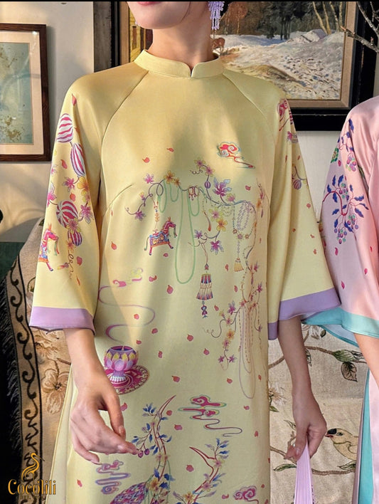 M186 Áo vàng + quần tím cà - Áo dài cách tân dáng suông