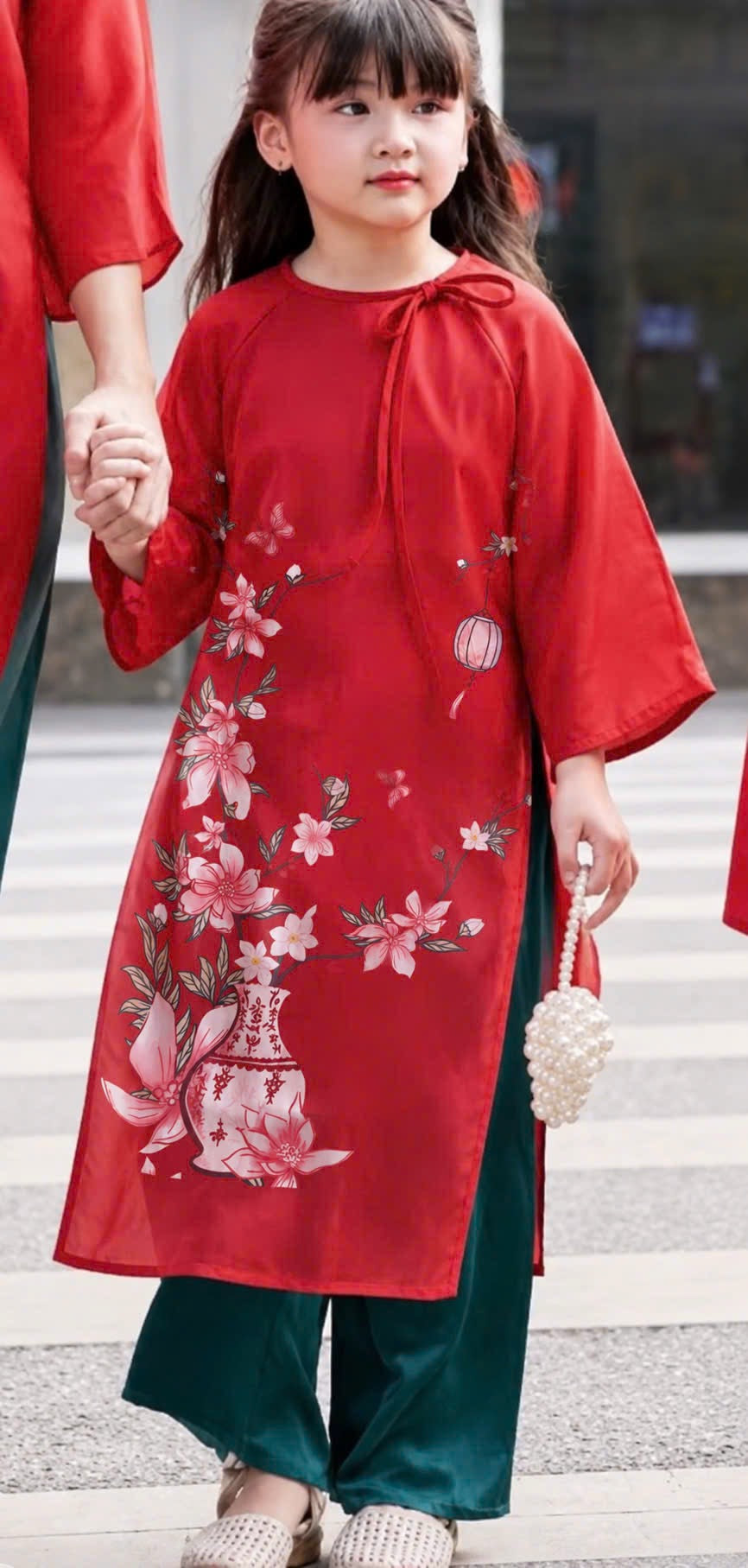 BG113 Áo + quần - Áo dài bé gái tơ in màu đỏ