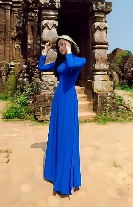 C23 áo + quần - Áo dài chiffon 4 tà màu xanh coban trơn