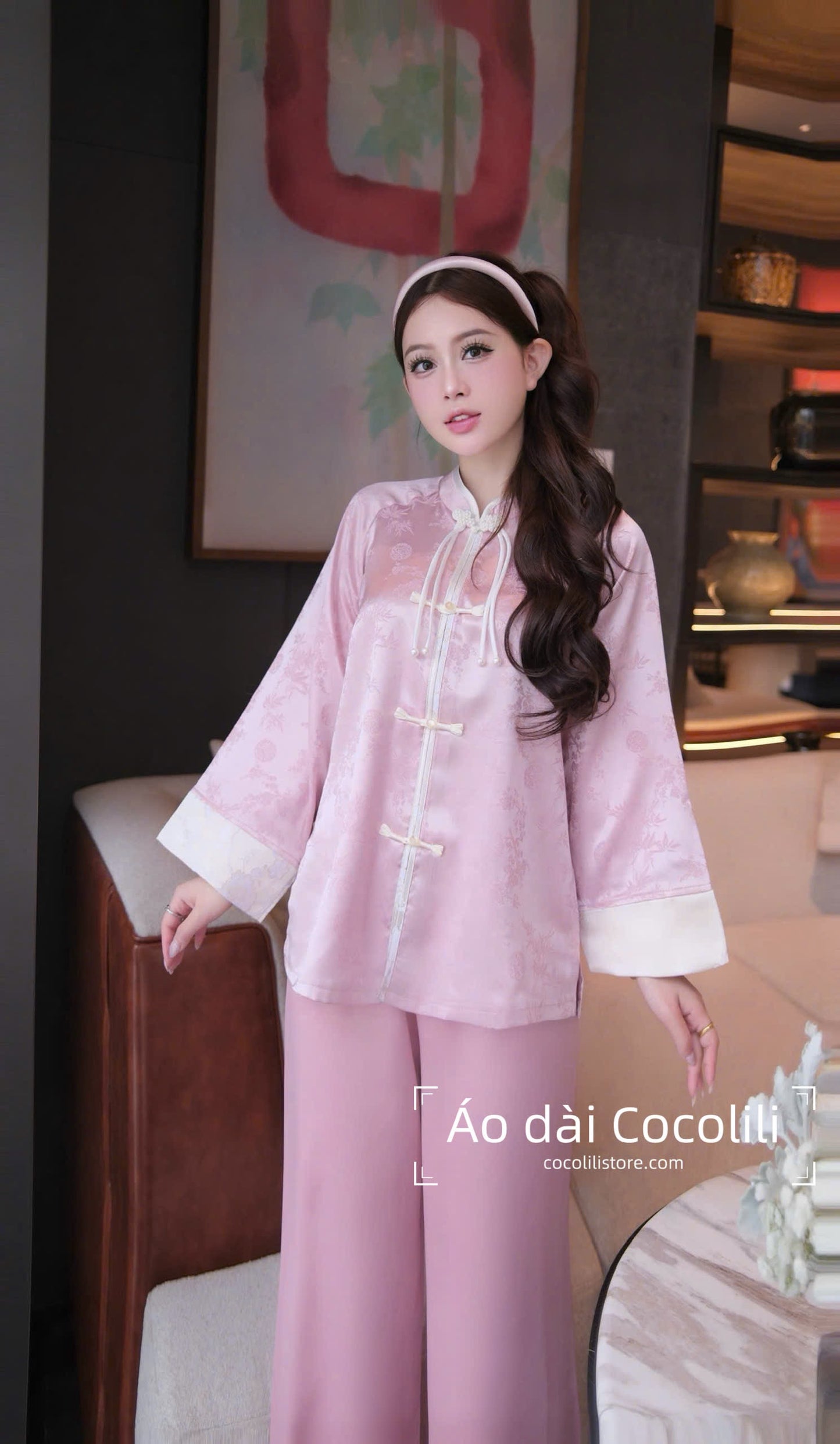 BB84 3287 - Set bà ba lụa gấm màu hồng