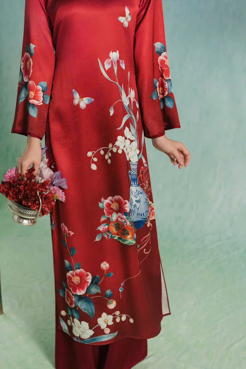 M179 Áo đỏ tươi - Áo dài cách tân hà cúc