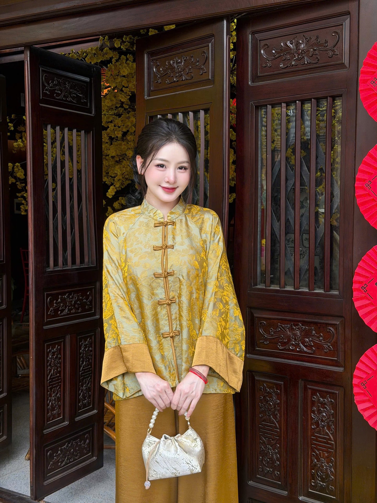 BB53 3550 - Set bà ba lụa tằm ánh kim tencel màu xanh