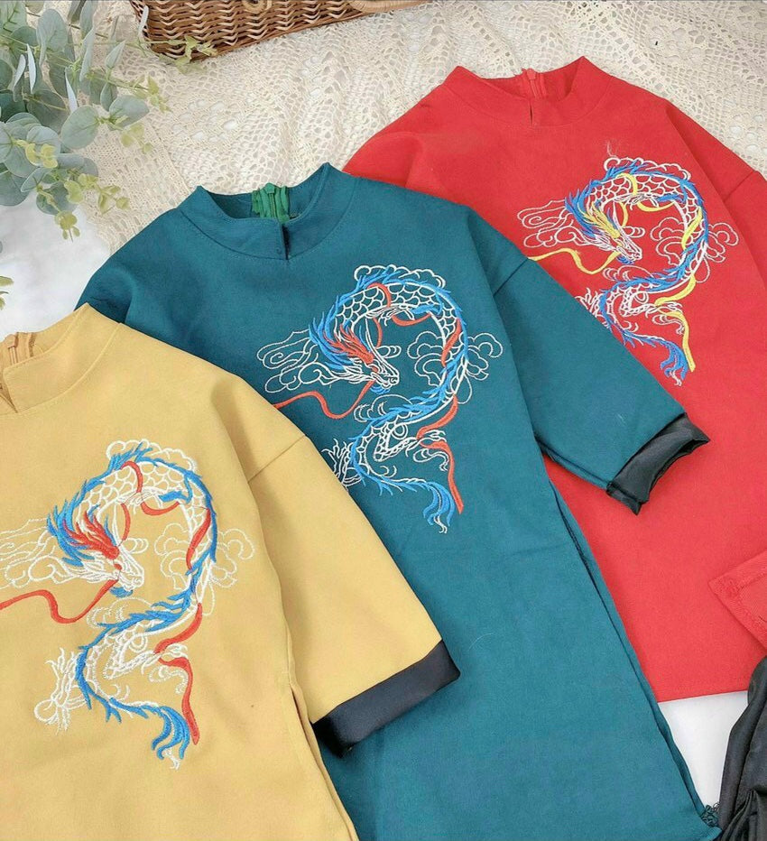 BT14 Only áo - Áo dài bé trai gấm tăm thêu rồng màu đỏ/xanh/vàng