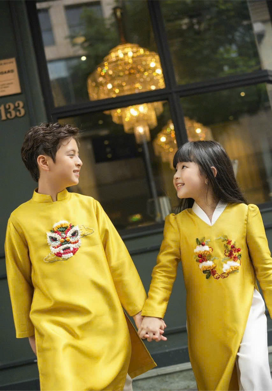 BG60 Áo + quần - Áo dài bé gái vải tafta vàng