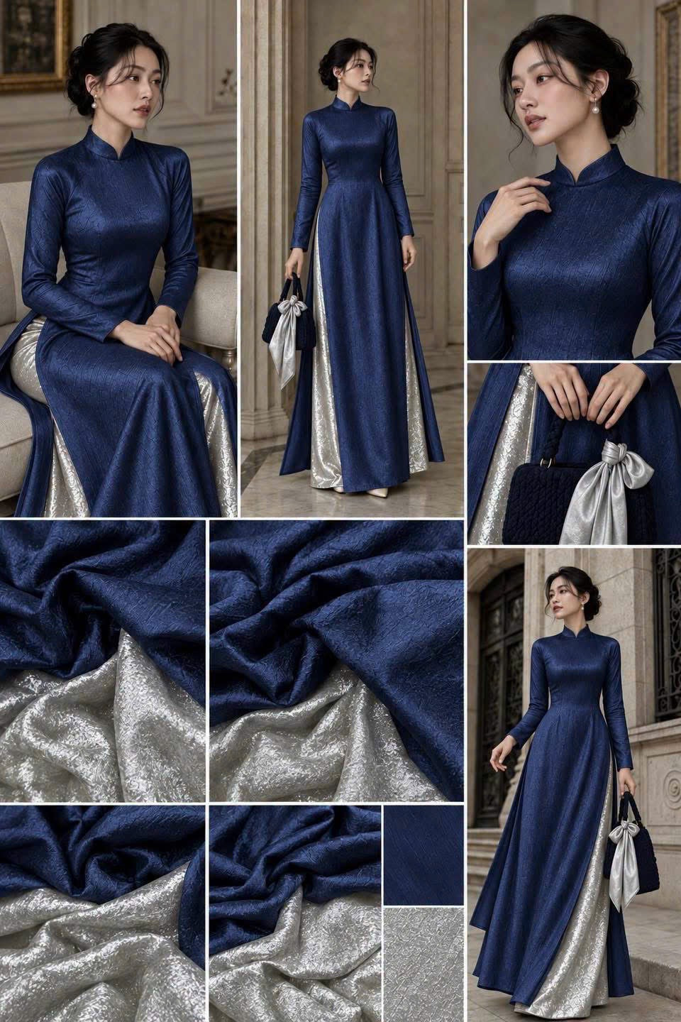L52 Áo only no pants - Áo dài chiết eo lụa titan màu xanh than
