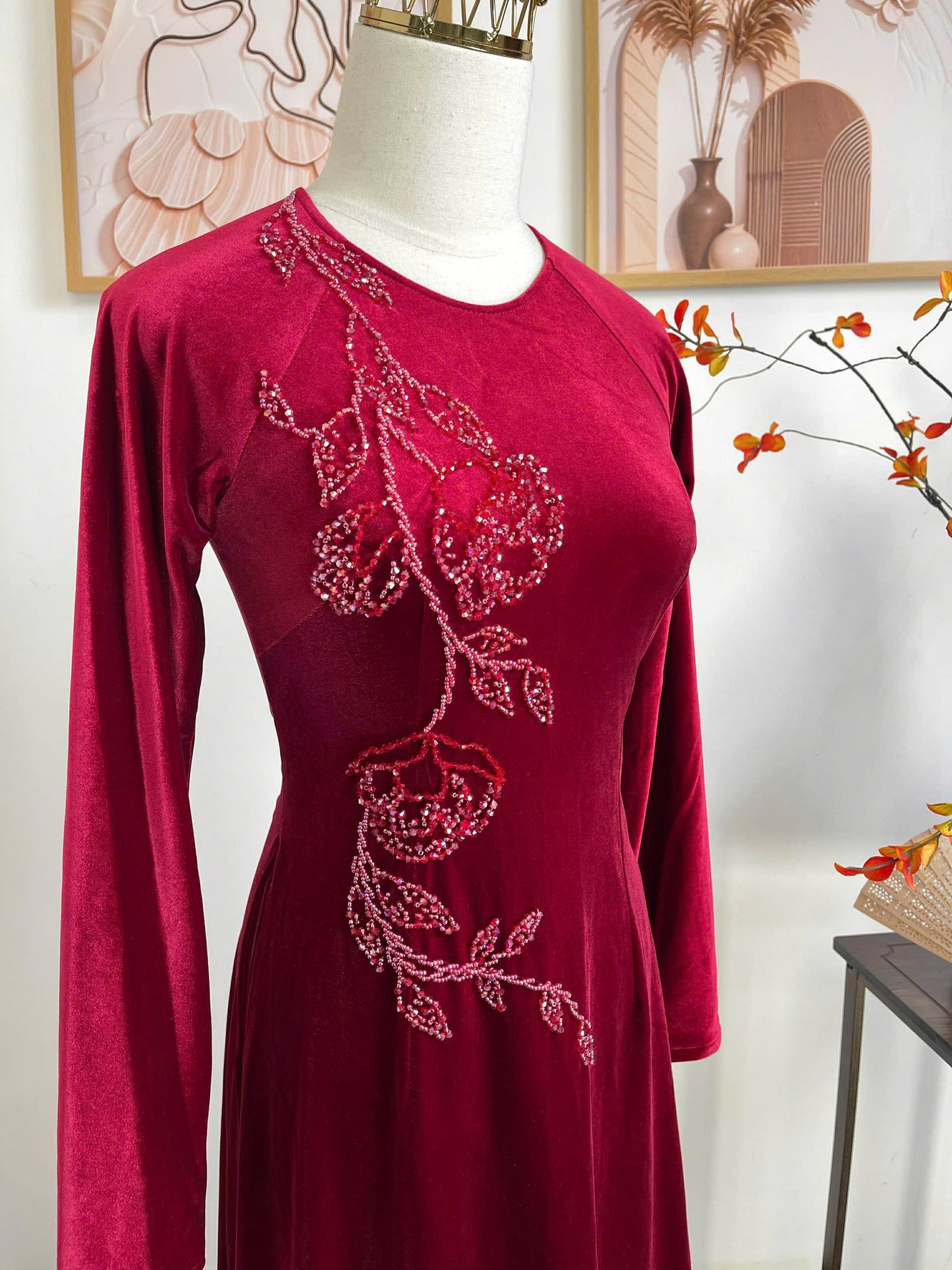 S251 2138 only áo - Áo dài nhung đỏ đính kết pha lê