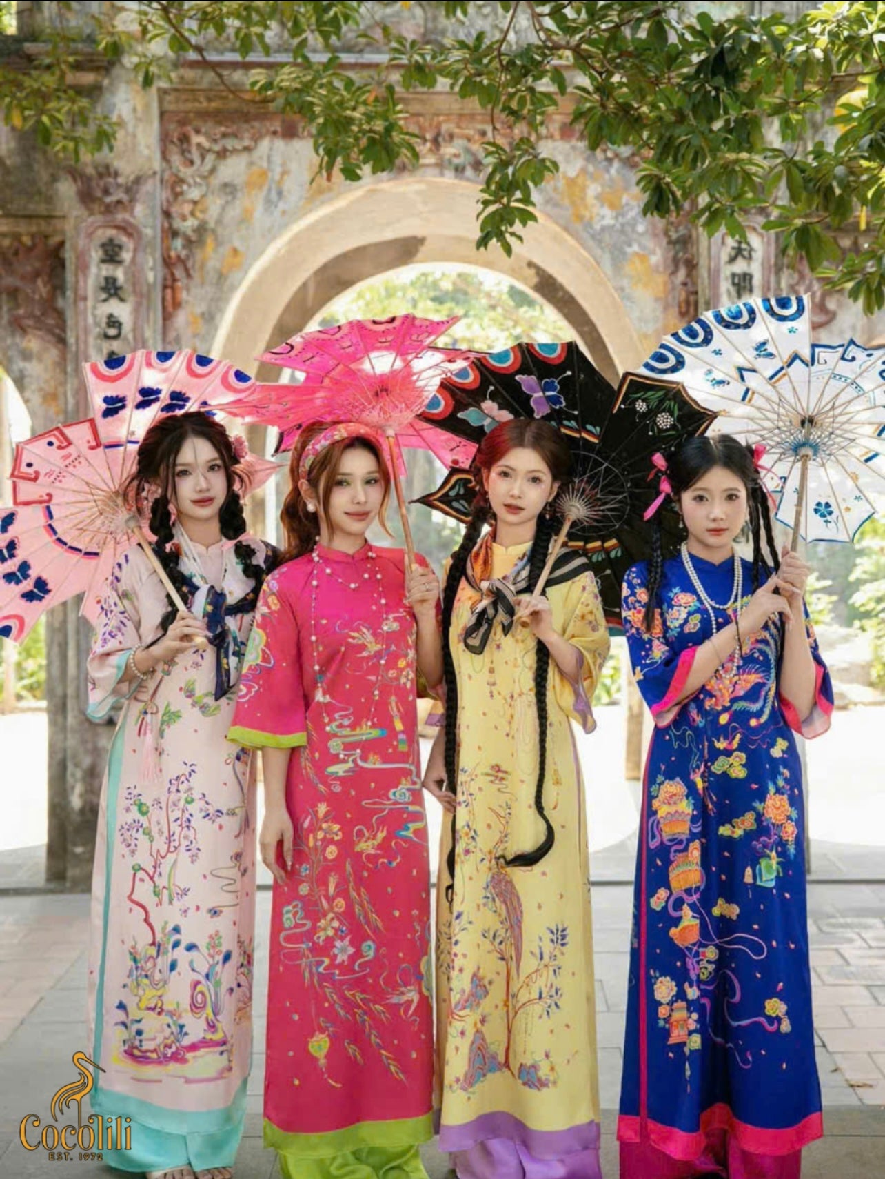 M176 2186 Áo xanh coban - Áo dài cách tân dáng suông + quần hồng