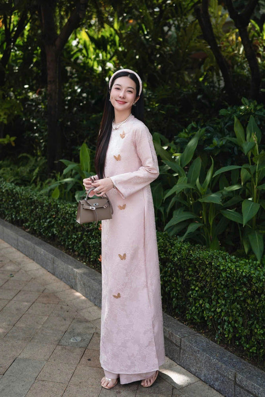 T412 only áo - Áo dài dáng suông gấm châu sa hồng đính charm