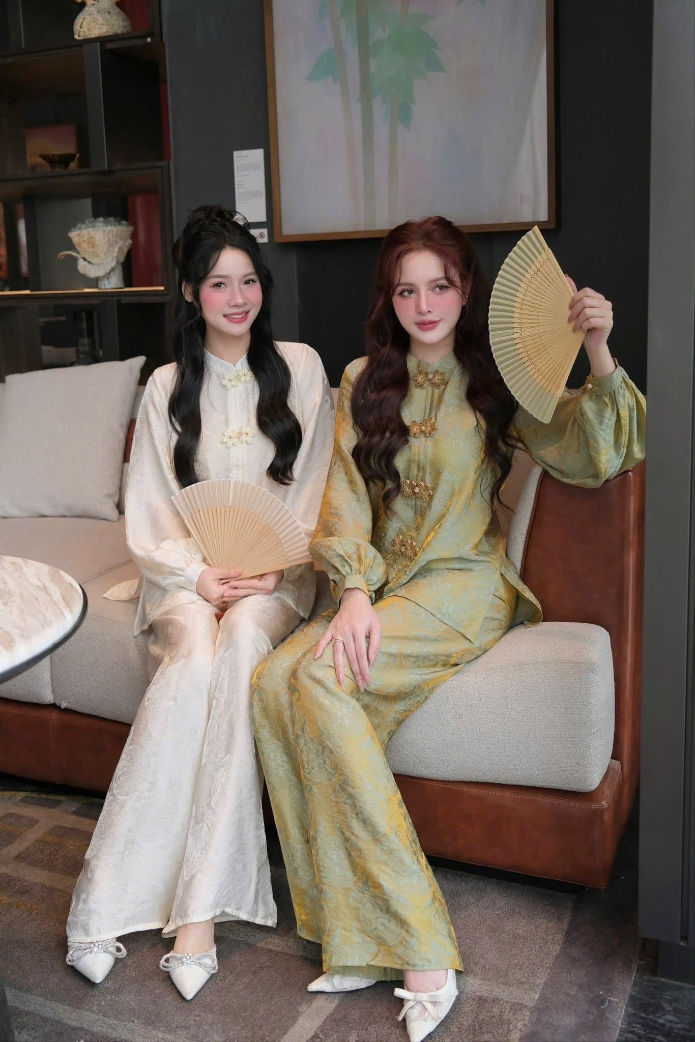 BB79 3489 - Set bà ba lụa tằm ánh kim tencel màu xanh tay bồng