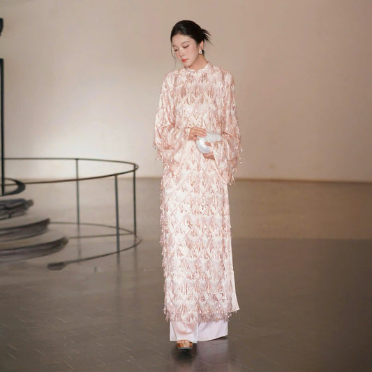 T414 only áo - Áo dài dáng suông 4 tà sequin cao cấp