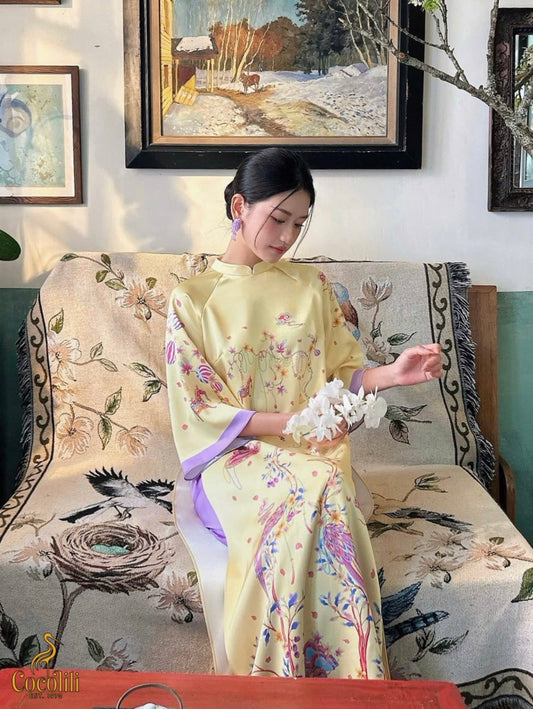 M186 Áo vàng + quần tím cà - Áo dài cách tân dáng suông