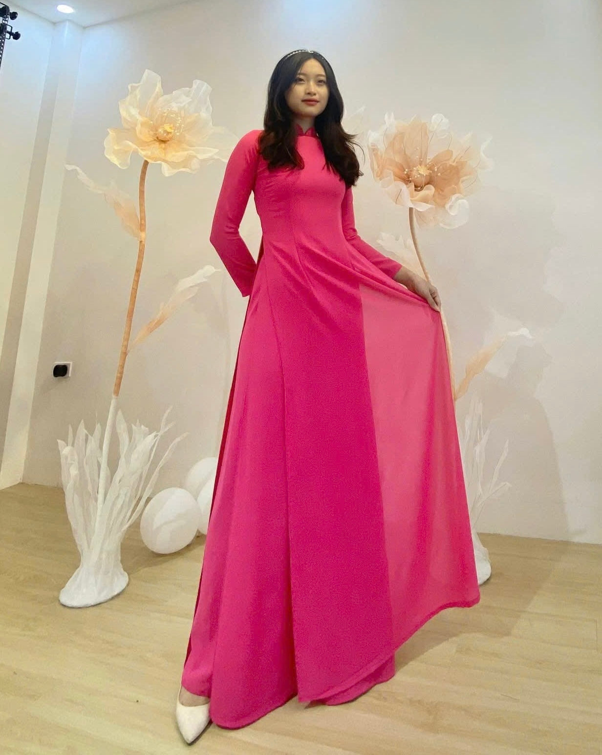 C25 Áo + quần - Áo dài chiffon 4 tà màu hồng sen