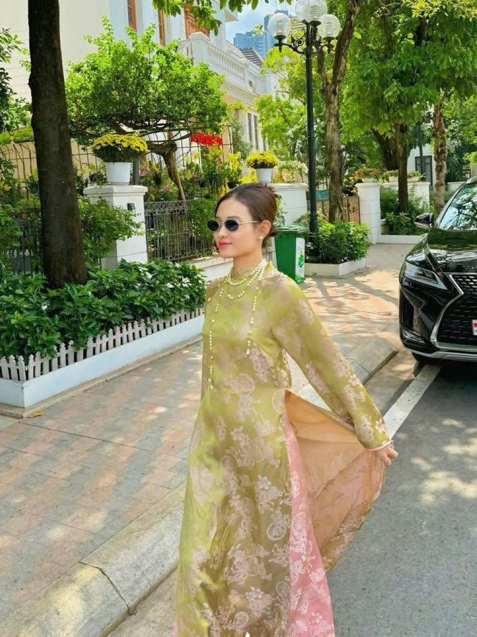 M195 áo + quần cùng chất - Áo dài dáng suông lụa gấm tơ tằm màu cốm