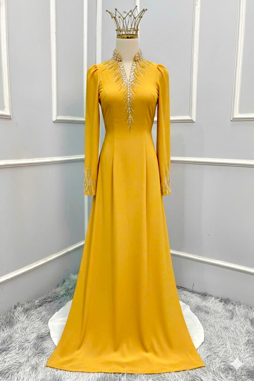 S218 Áo only - Áo dài lụa mỹ đính kết màu vàng