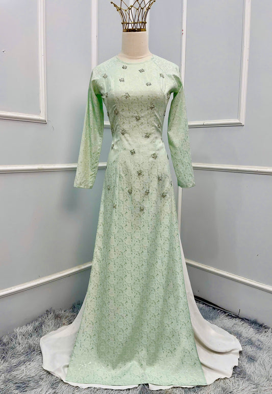 H101 - Áo dài Lụa hoa trà xanh ngọc đính đá