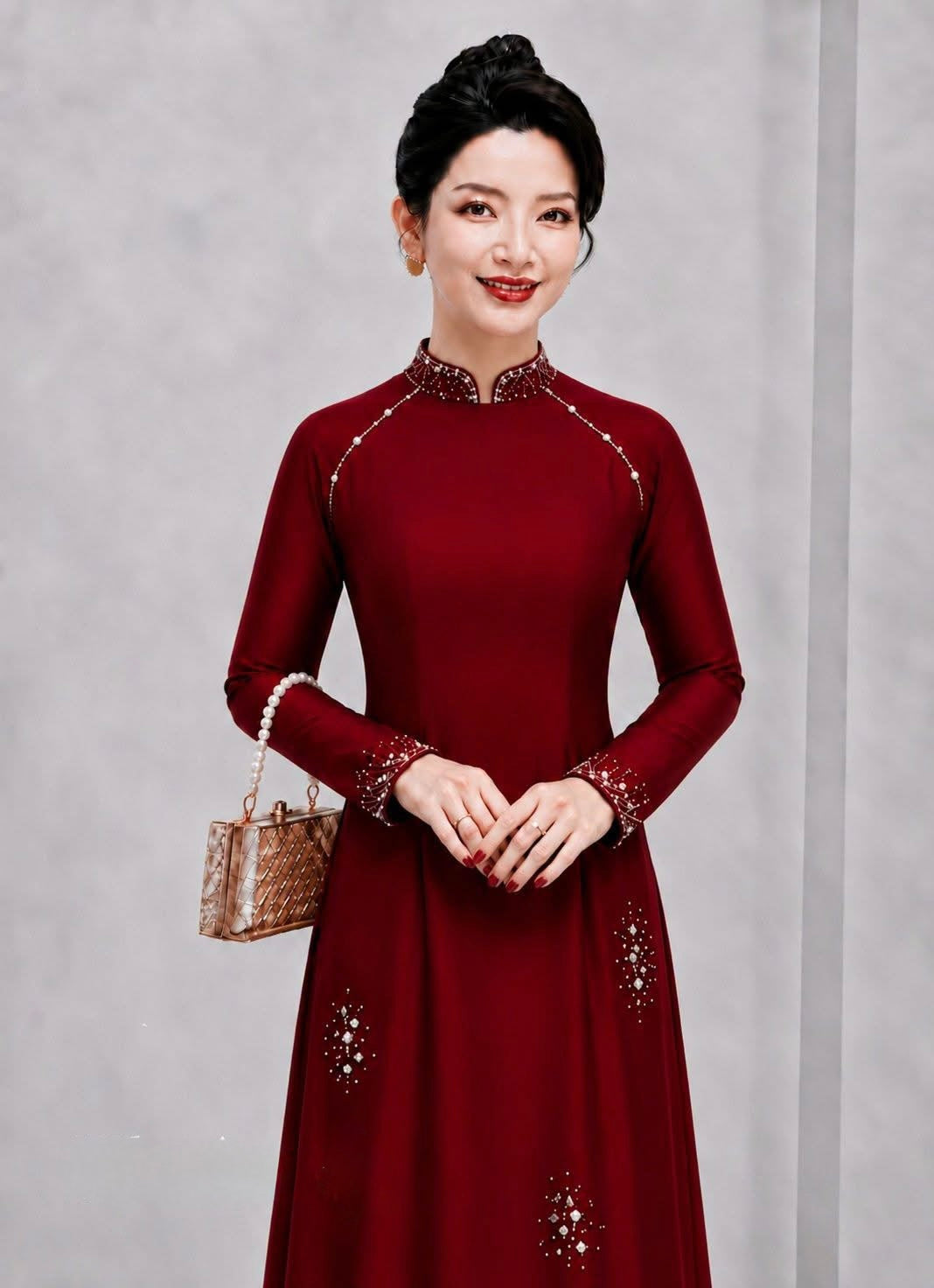S365 5198 Áo only no pants - Áo dài truyền thống chiết li eo lụa bảo ngọc đính kết