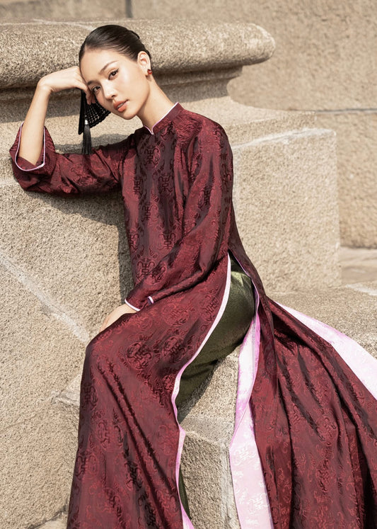 HD16 1747 Áo + quần - Áo dài lụa Hà Đông 4 tà + quần lụa nhũ paris