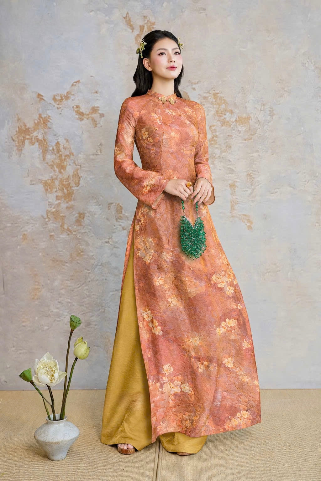 K304 6047 Áo only no pants - Áo dài chiết eo lụa tằm màu cam