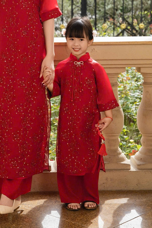 BG117 5504 Áo + quần - Áo dài bé gái màu đỏ tơ hoa nổi