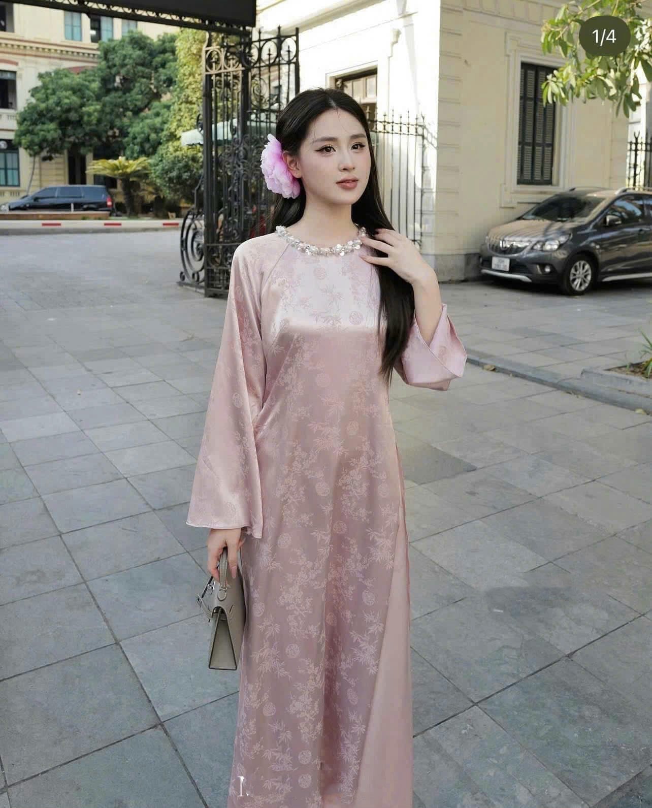 M204 áo + quần hồng - Áo dài gấm trúc mai hồng