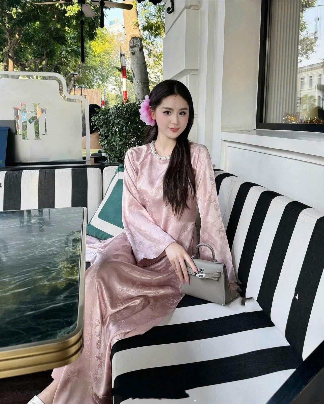 M204 áo + quần hồng - Áo dài gấm trúc mai hồng
