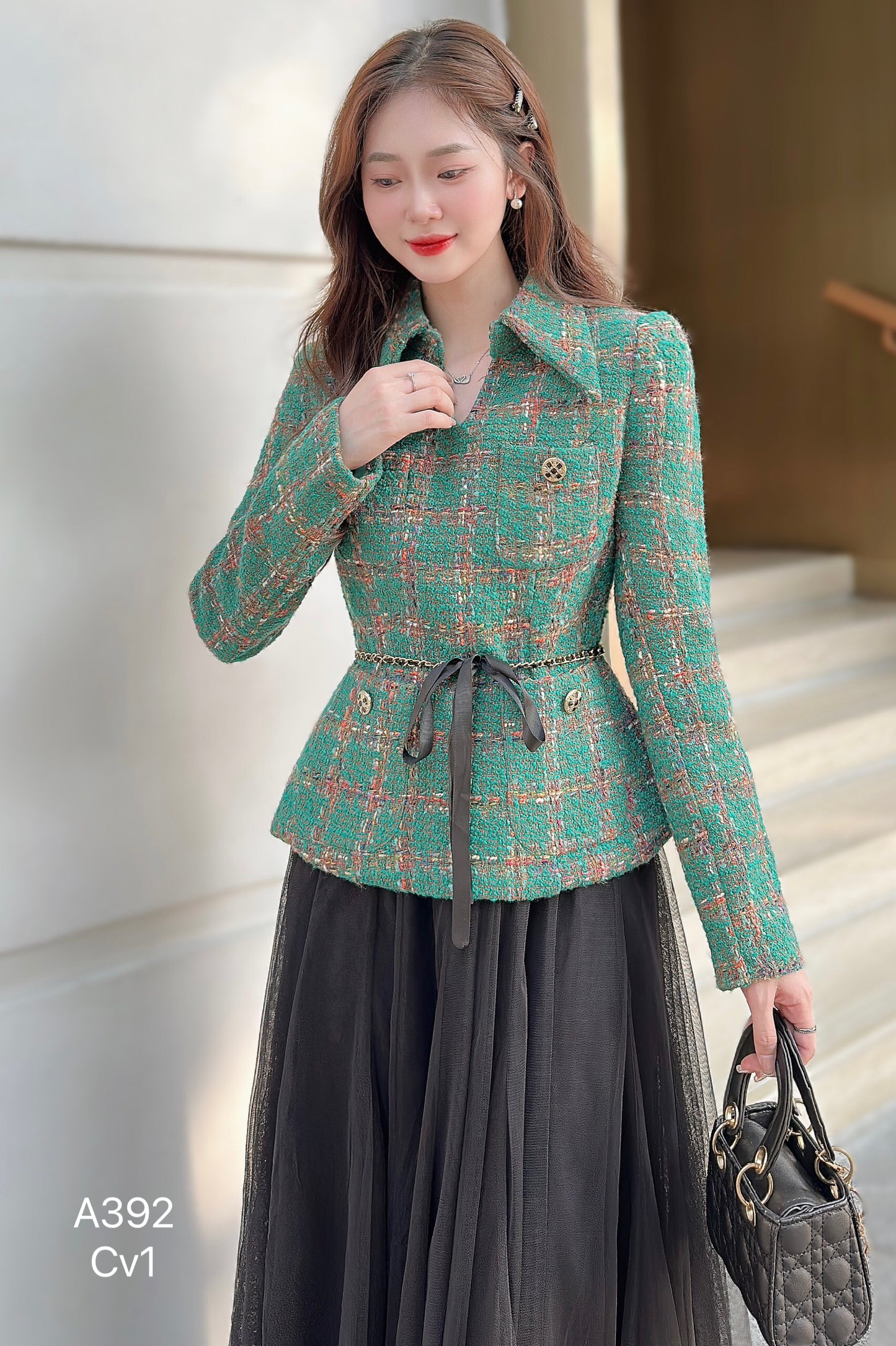 Áo dạ A392 + chân váy CV1 ( hàng sẵn).