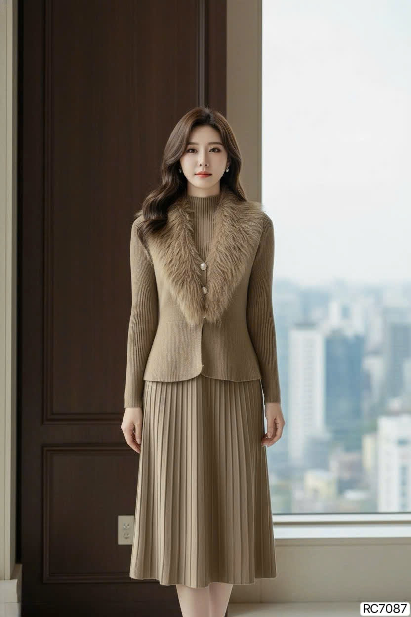 DRESS Ds7087 Rc7087 Set len lông áo ghile cổ lông màu nâu da