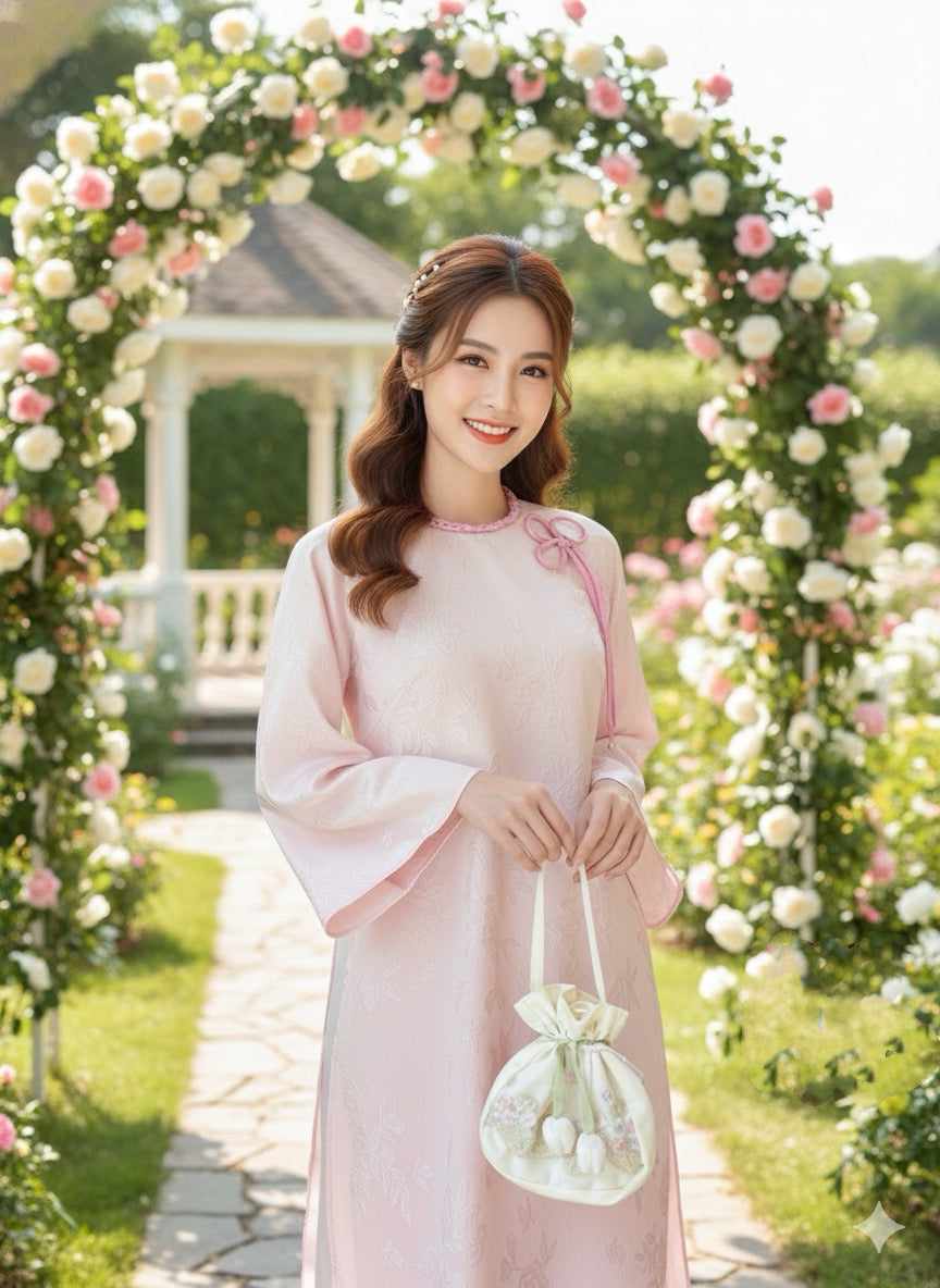 H317 1491 Áo only - Áo dài cách tân gấm nổi đính nơ