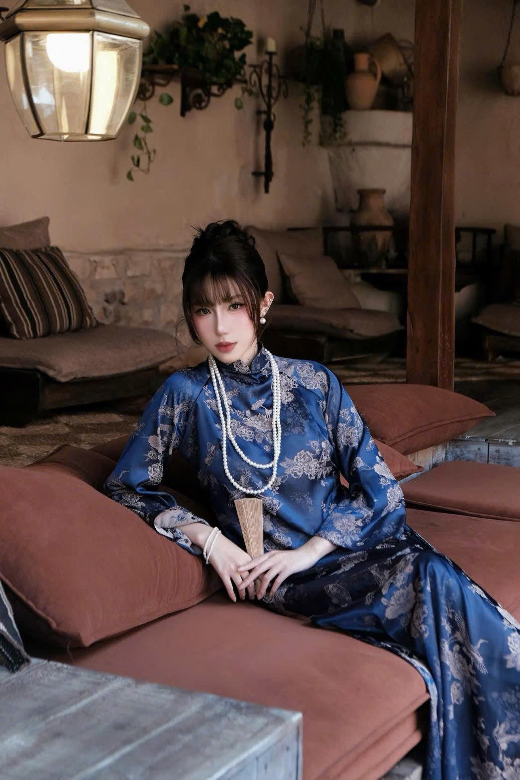 H584 Áo only - Áo dài dáng suông 2 tà lụa gấm sen hạc