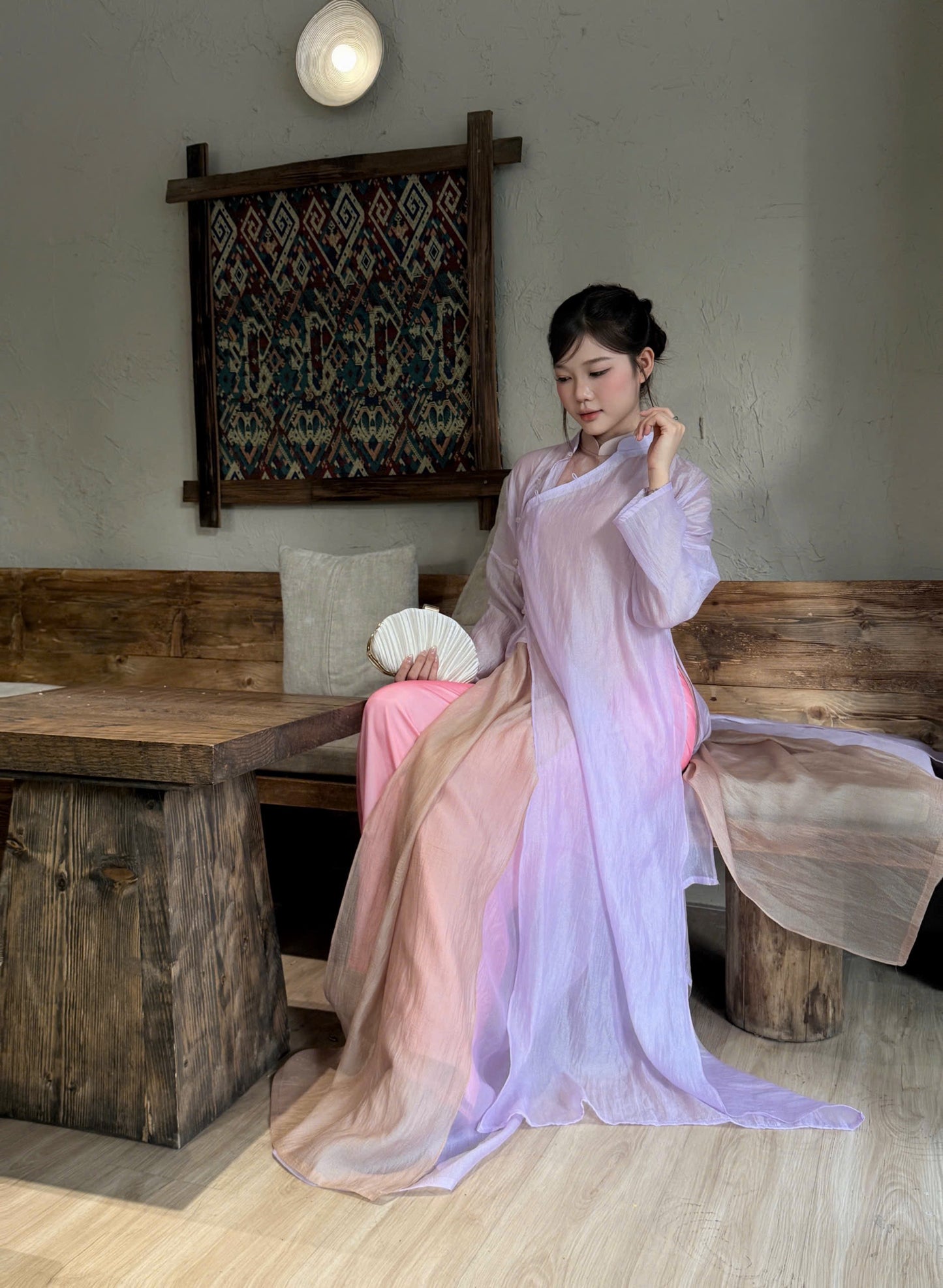 M632 6407 Áo + choàng + quần - Áo dài dáng suông tơ nâu choàng tím