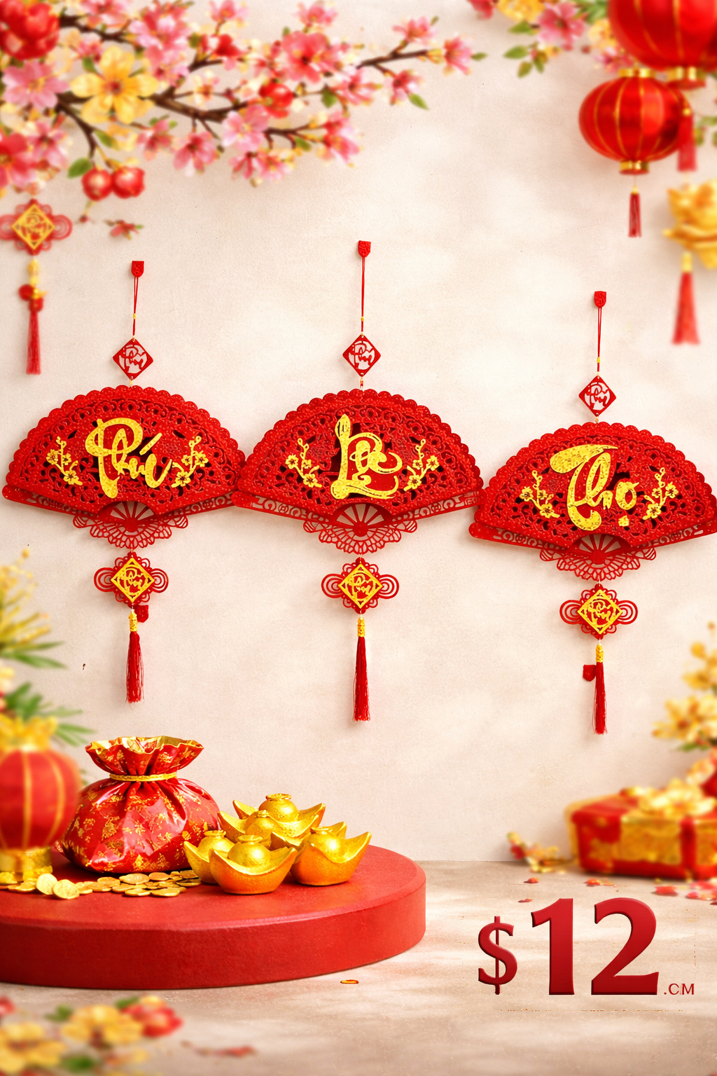 TET38 - Set Quạt nhung 3 chữ Phúc Lộc Thọ