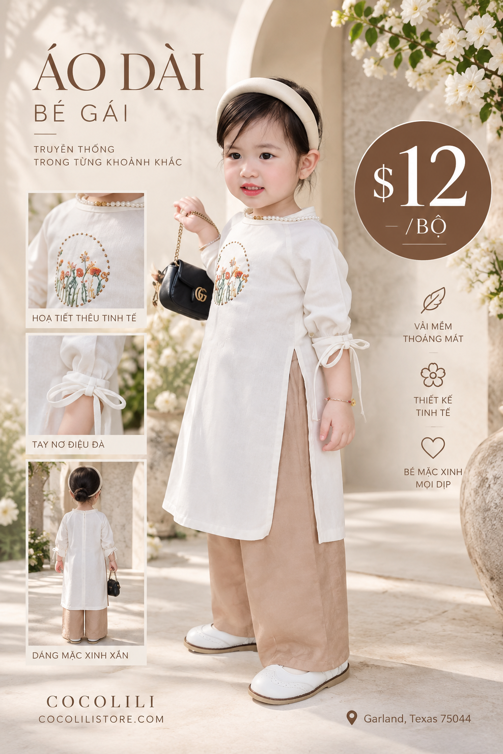 BG128 Áo + quần - Áo dài bé gái thêu màu trắng