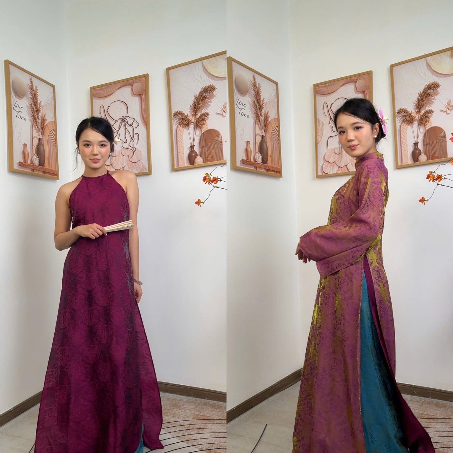 M291 2137 Áo + yếm + quần cùng chất - Áo dài kèm yếm tằm tencel thọ dơi màu tím cẩm