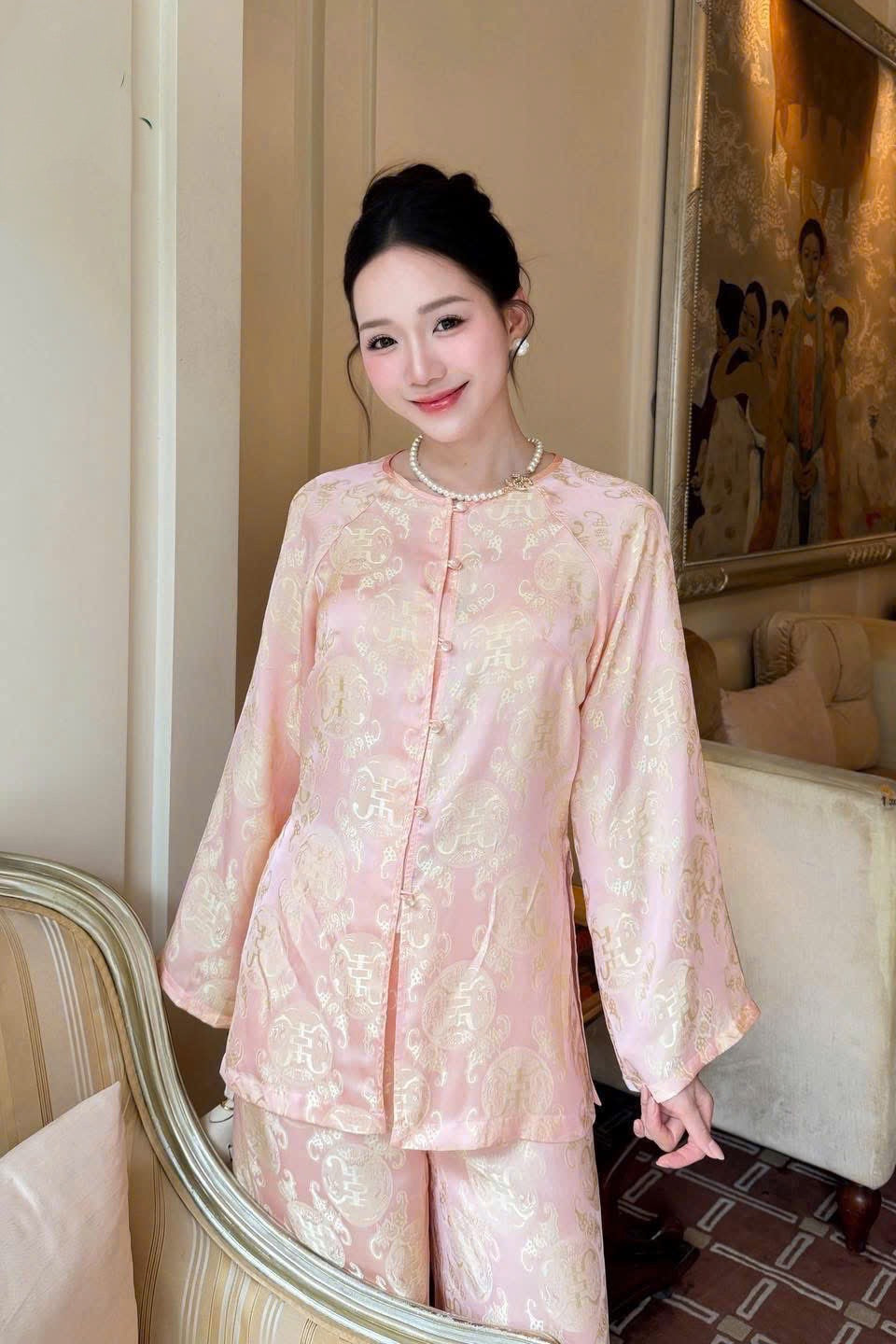 BB278 4706 - Set bà ba thọ dơi gấm màu hồng