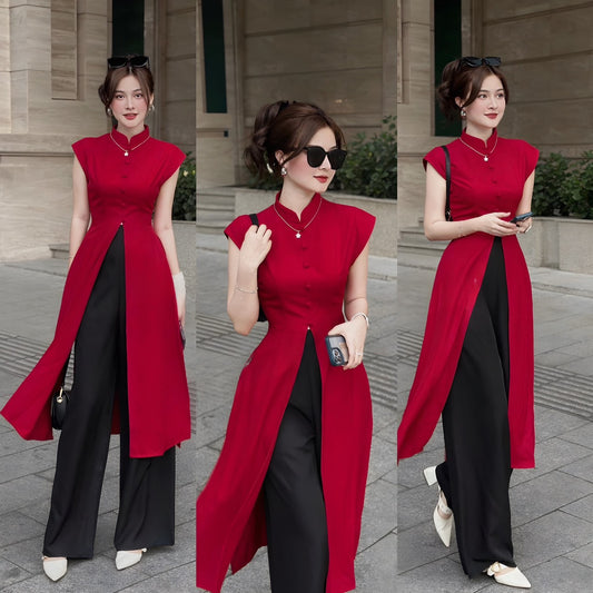 TA24 Áo + quần đen - Bộ tứ thân Hottrend màu đỏ