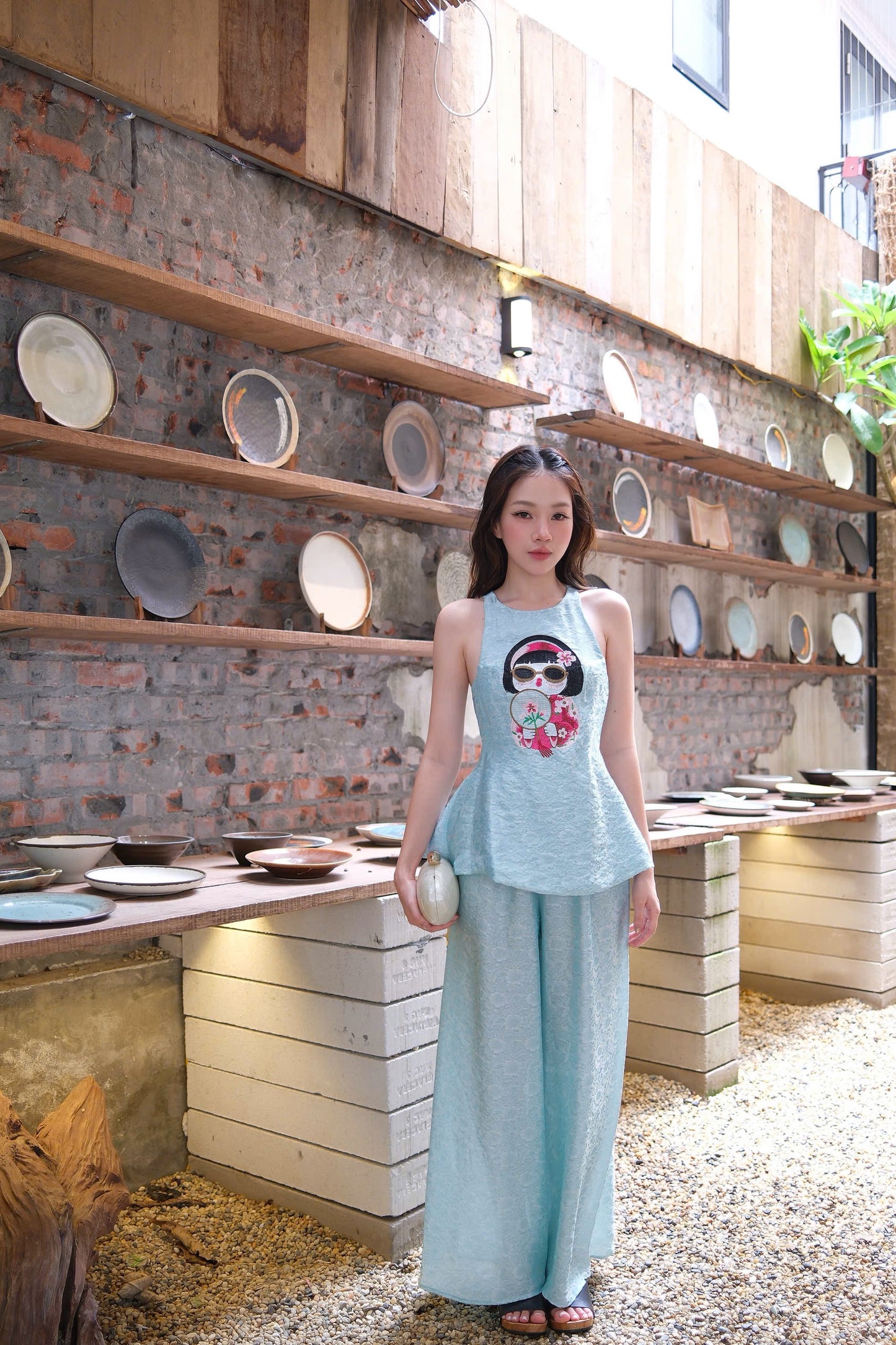 Y54 - Set đồ bộ cổ yếm thêu cô gái màu xanh ngọc