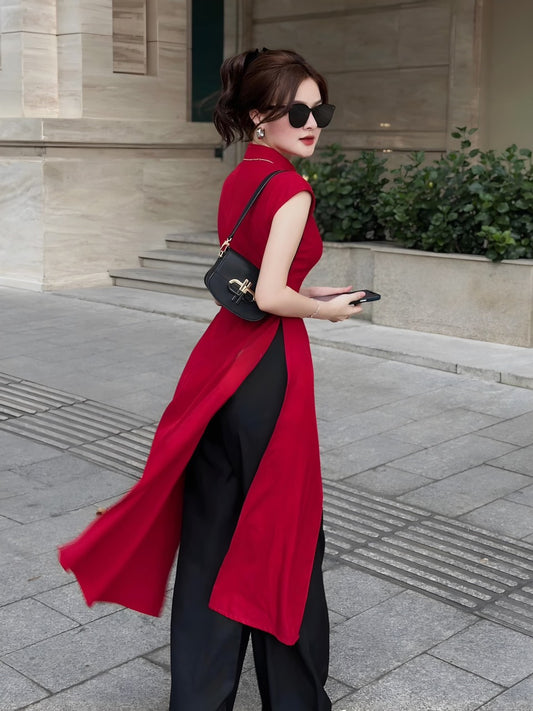 TA24 Áo + quần đen - Bộ tứ thân Hottrend màu đỏ