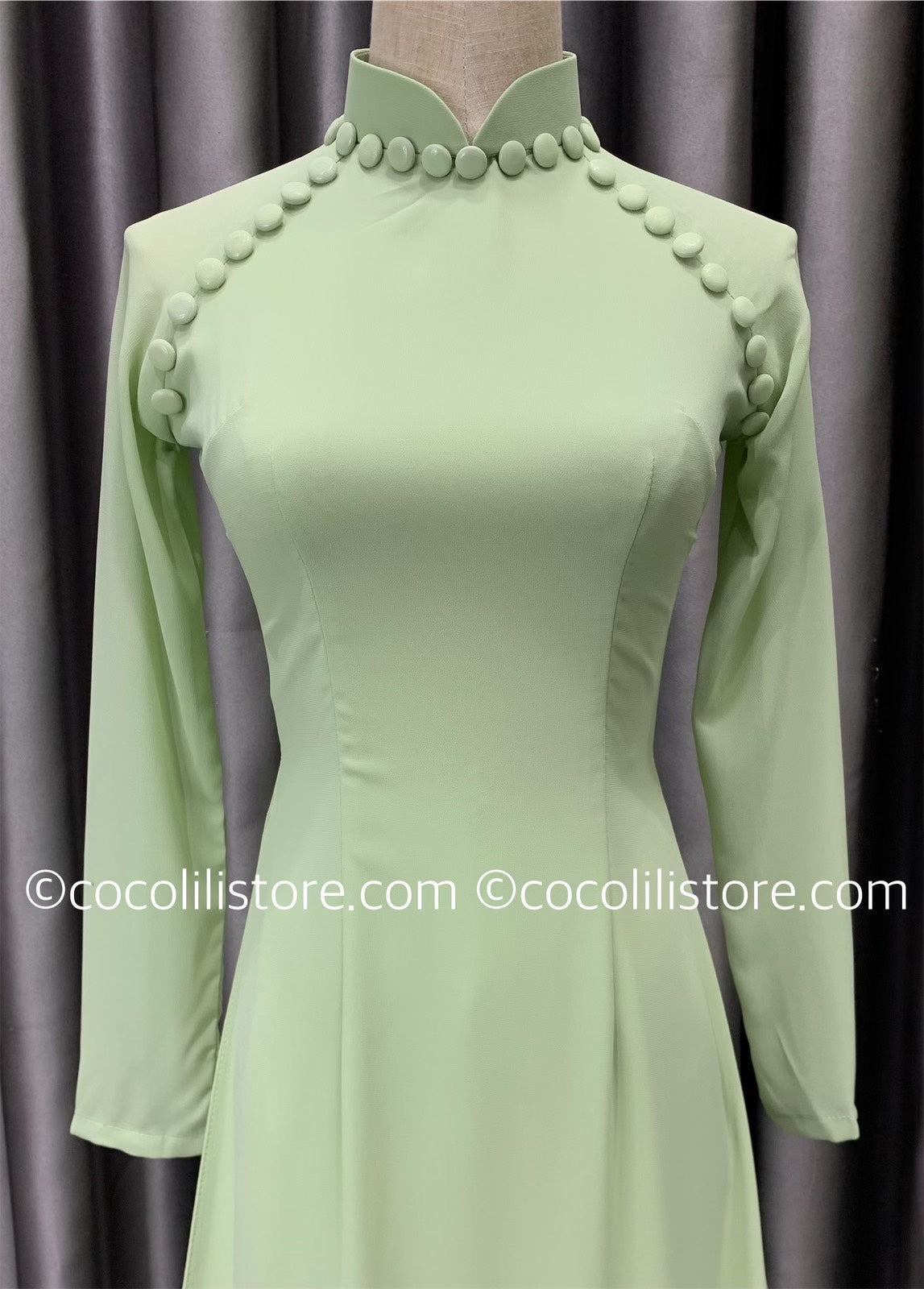 C20 Áo + quần - Áo dài chiffon 4 tà màu XANH BƠ đính cúc bọc