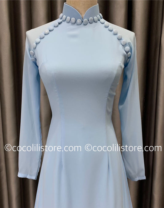 C22 Áo + quần - Áo dài chiffon 4 tà màu XANH DA TRỜI đính cúc bọc