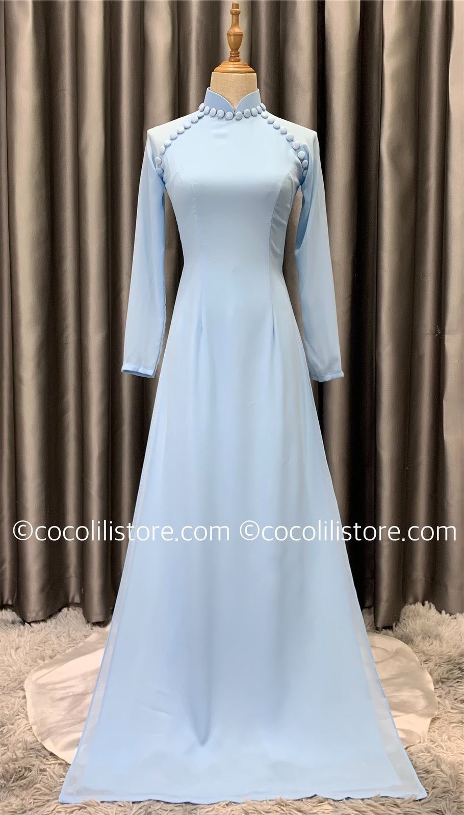 C22 Áo + quần - Áo dài chiffon 4 tà màu XANH DA TRỜI đính cúc bọc