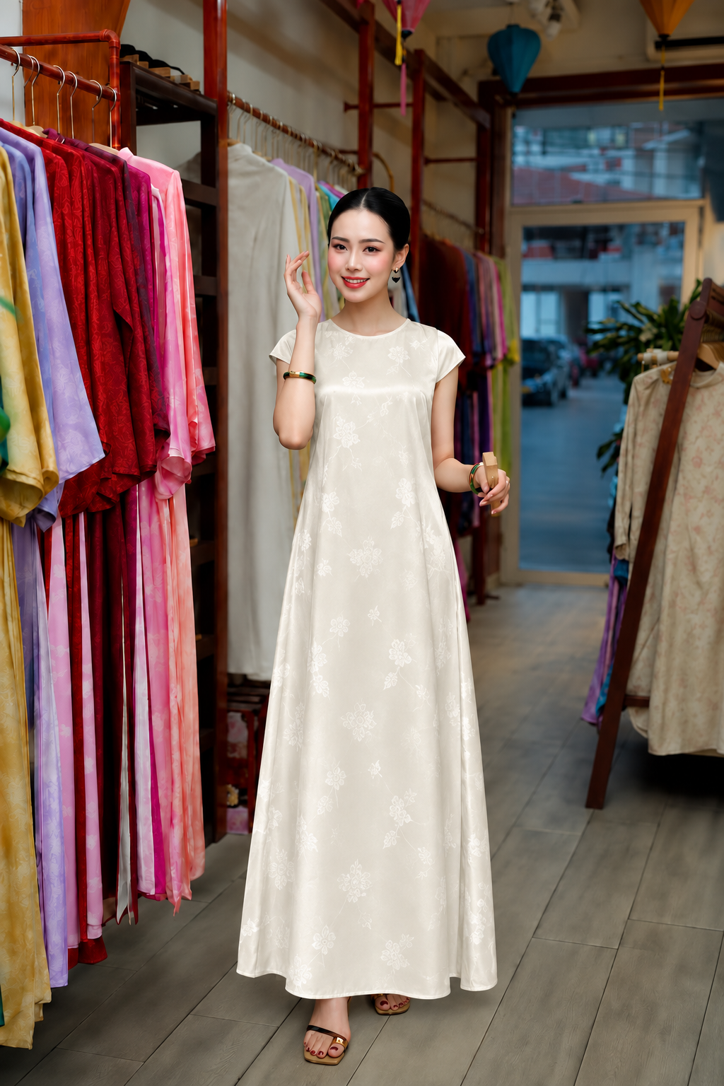 V102 - Đầm dài tay hến lụa sen dạ cúc màu trắng kem có túi có xẻ sau
