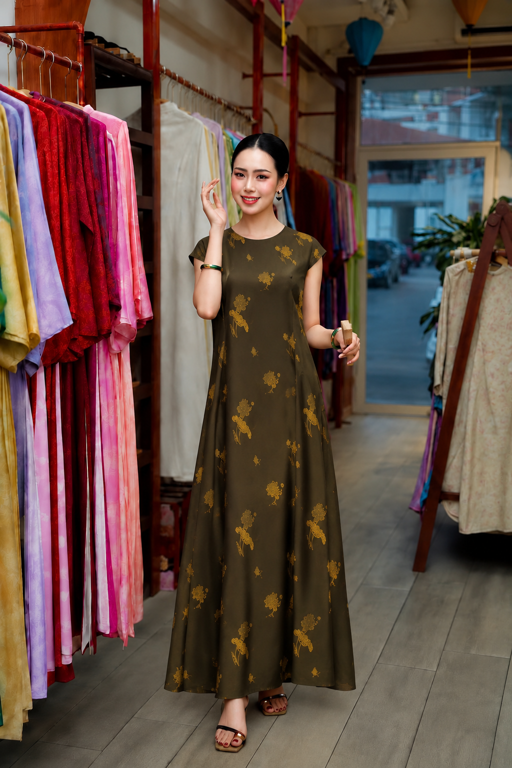 V101 - Đầm dài tay hến lụa sen dạ cúc màu nâu đồng có túi có xẻ sau