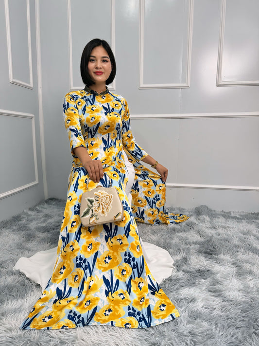 T281 Only áo - Áo dài lụa Latinh hoa đính kết cổ