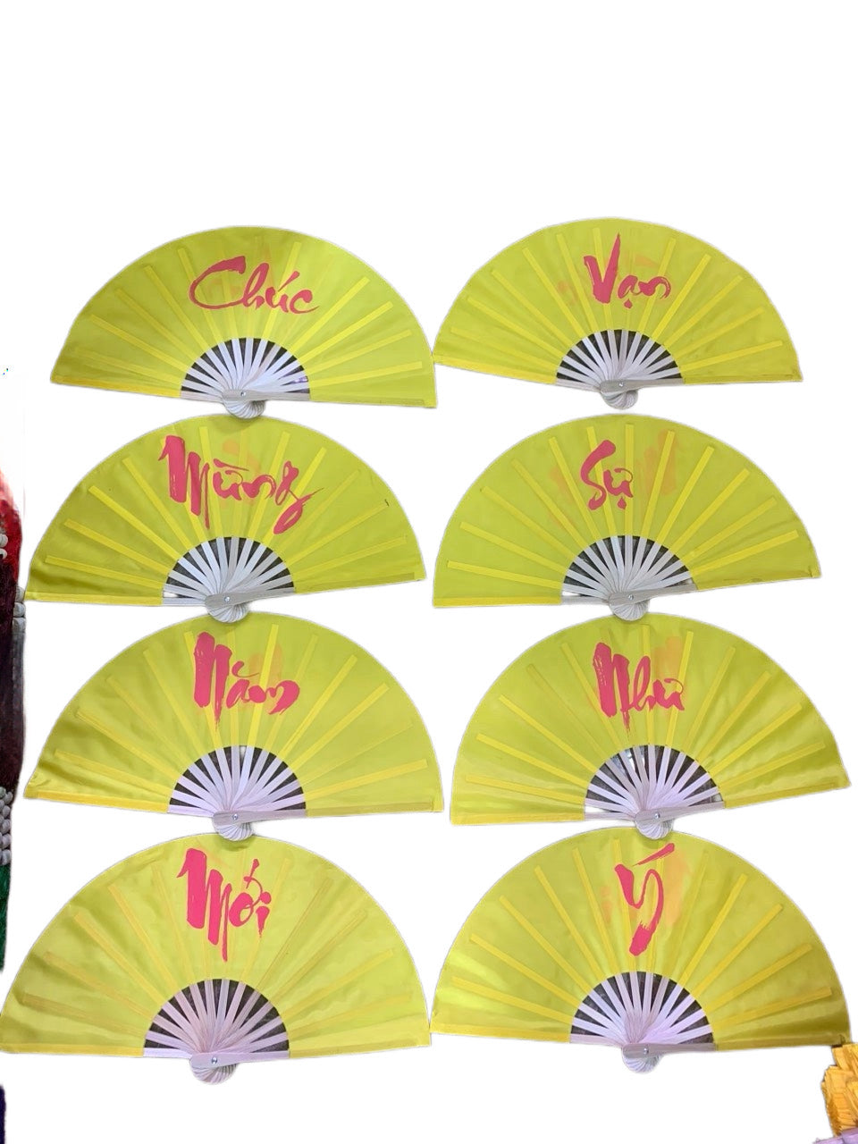 TET08 - Quạt lụa SET 8 cái Chúc mừng năm mới Vạn sự Như ý (2 mặt chữ) $2.5/cái