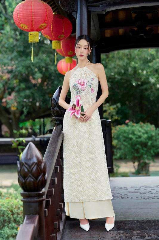 TN76 Áo only no pants - Áo dài cách tân cổ yếm tơ ren