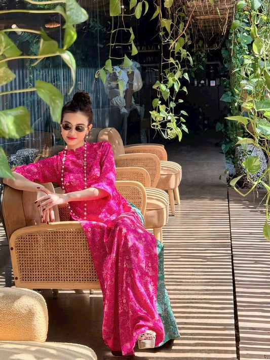 M173 Áo + quần xanh cùng chất - Áo dài dáng suông dài lụa gấm hoa đán