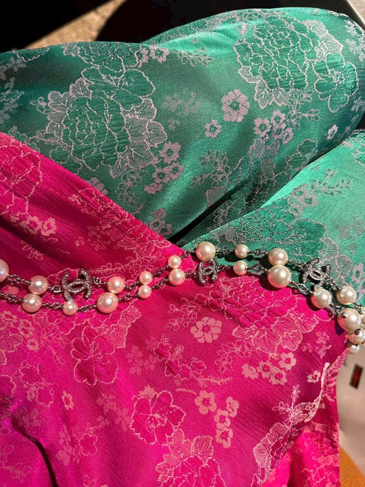 M173 Áo + quần xanh cùng chất - Áo dài dáng suông dài lụa gấm hoa đán